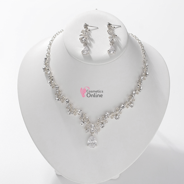 Colier cu cercei AS02AA Argintiu cu cristale din sticla